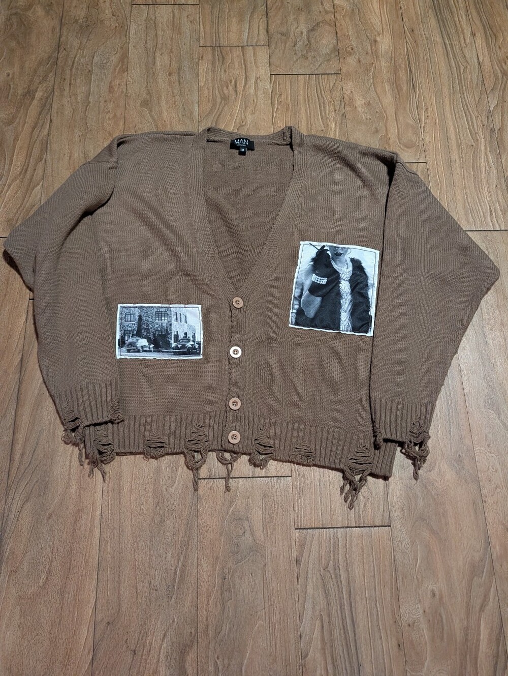 MAN Oversized Brown Distressed Cardigan with Photo Patch Details